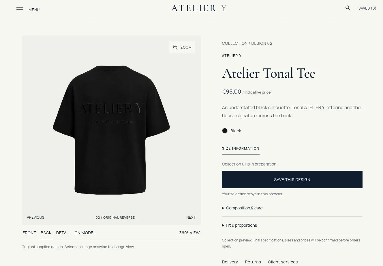 De productpagina van Atelier Y met de gekozen achterzijde en productinformatie