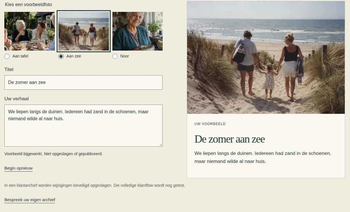 De LifeLore-demonstratie: de ingevulde titel en herinnering verschijnen naast het formulier in een voorbeeld
